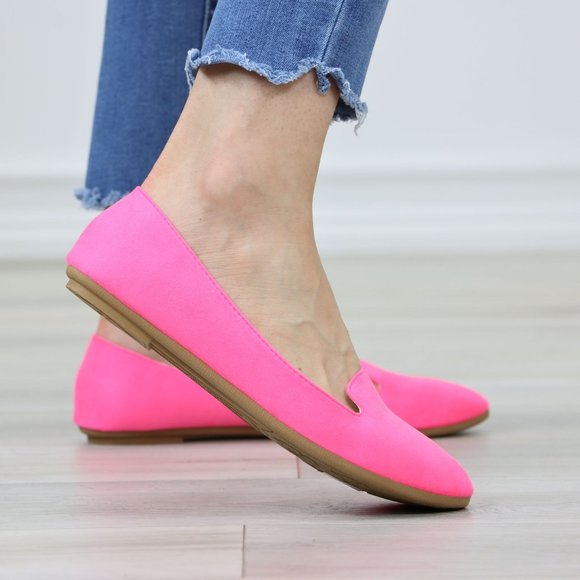 Neon Pink Faux Suede Rounded Toe Slip On Flat Shoes - Picture 4 of 12